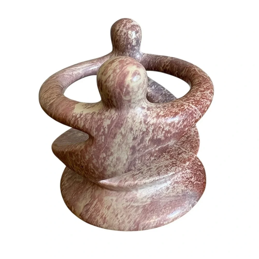 Abstract Soapstone Sculpture Two Figures Circle‎ Candle Holder Pink Carved Stone
